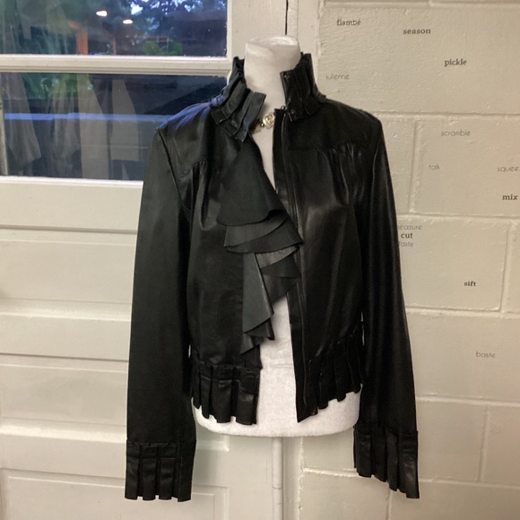 Diane von Furstenberg Leather Jacket. RUFFLED DETAILS SILK LINING SZ 12 BIKER ??